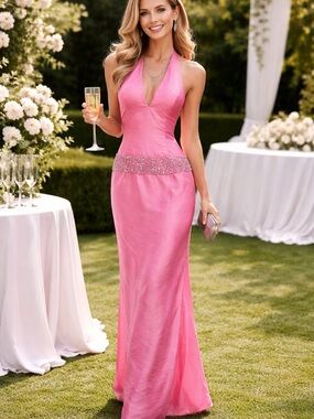 Jovani Pink Halter Beaded Waist Evening Gown